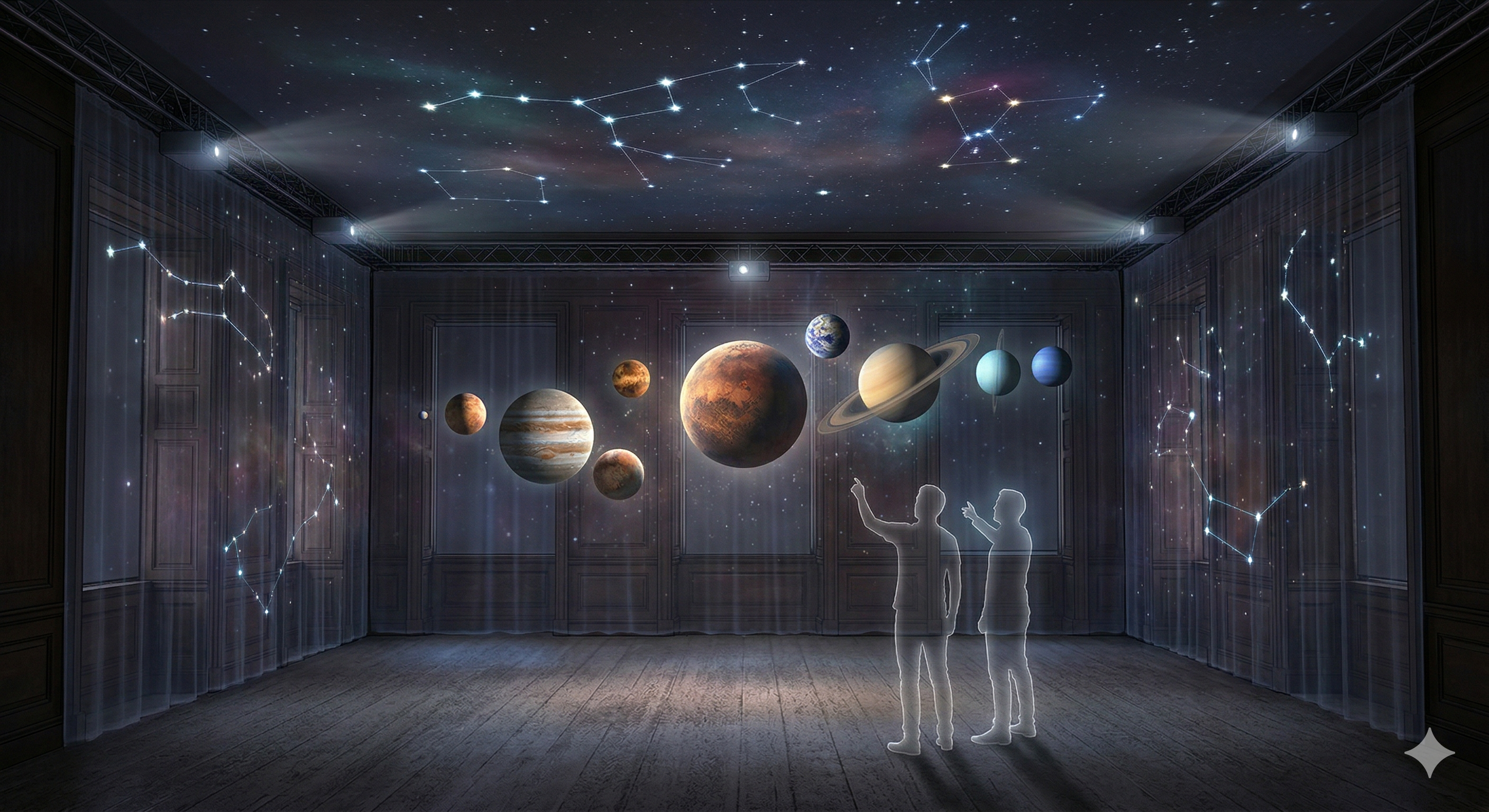 Visitors silhouetted against projected planets and constellation lines in a dark room
