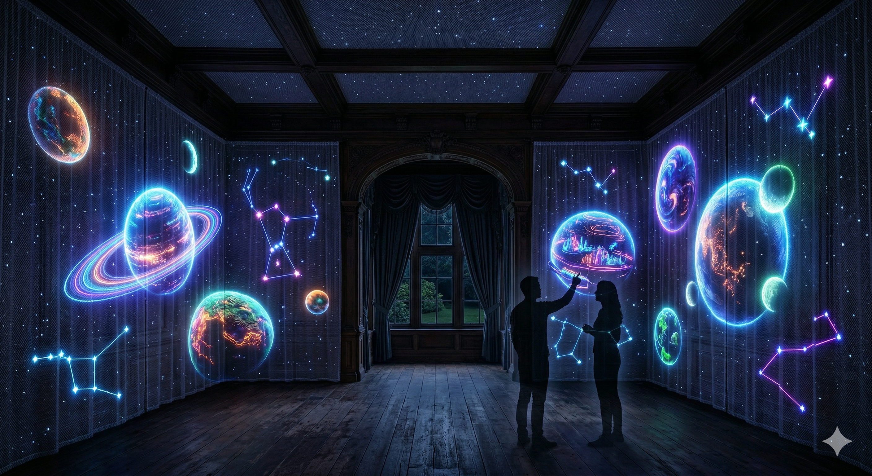 Neon-lit planets and constellations filling an immersive dark room, two visitors in silhouette