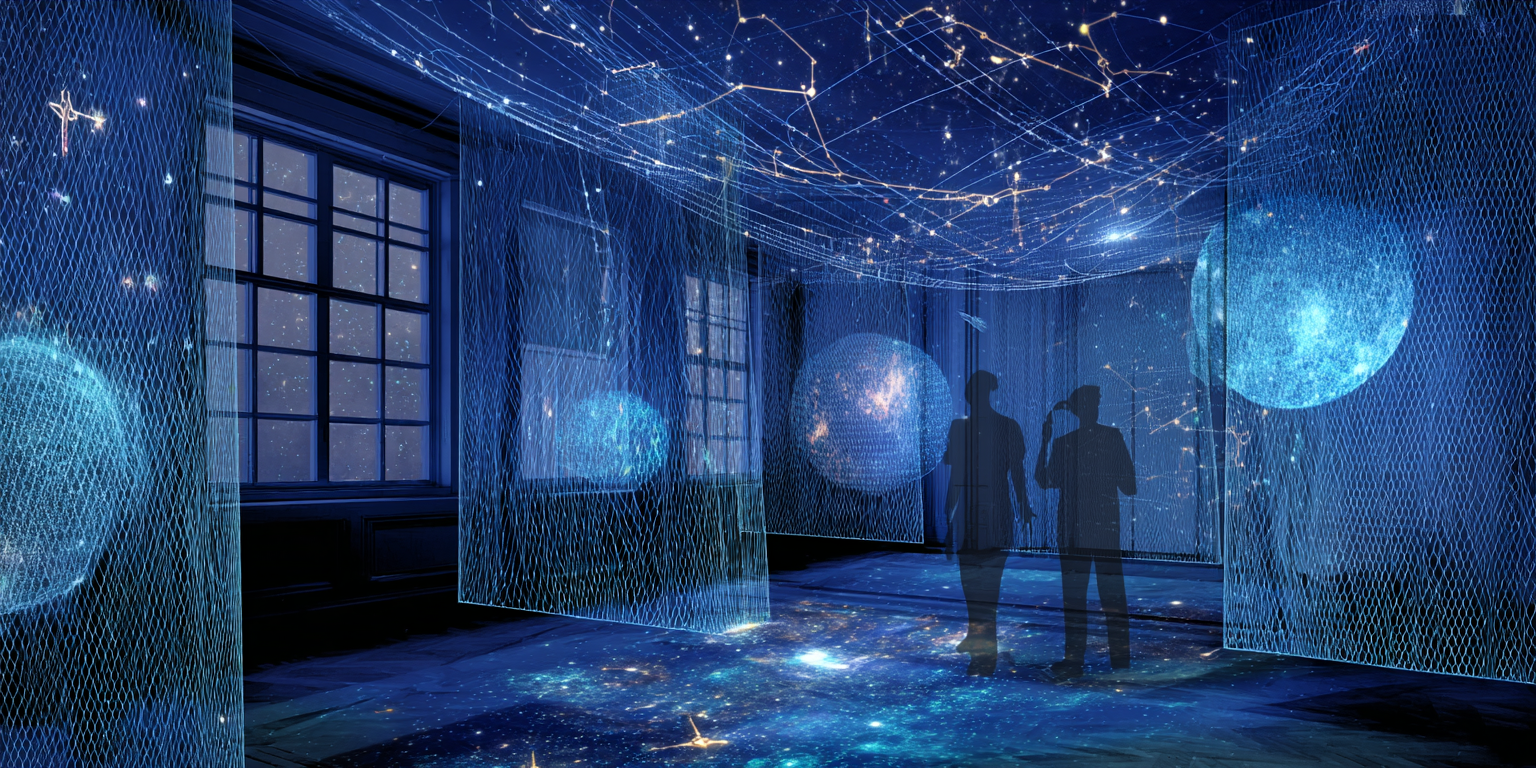 Immersive room with constellations projected onto netting, planets glowing in deep blue light